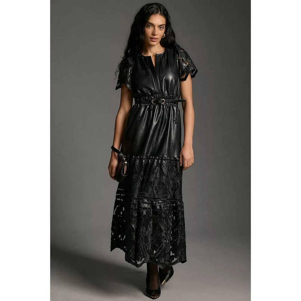 Anthropologie Dress Womens Small Somerset‎ Maxi Faux Leather Embroidered Black